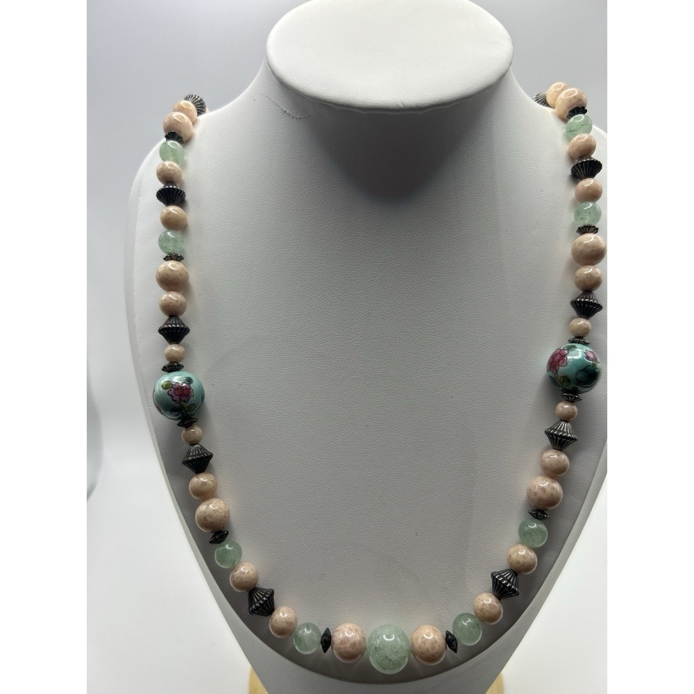 Vintage Beaded Necklace Floral Cloisonné Style Beads Green Beige Long Statement